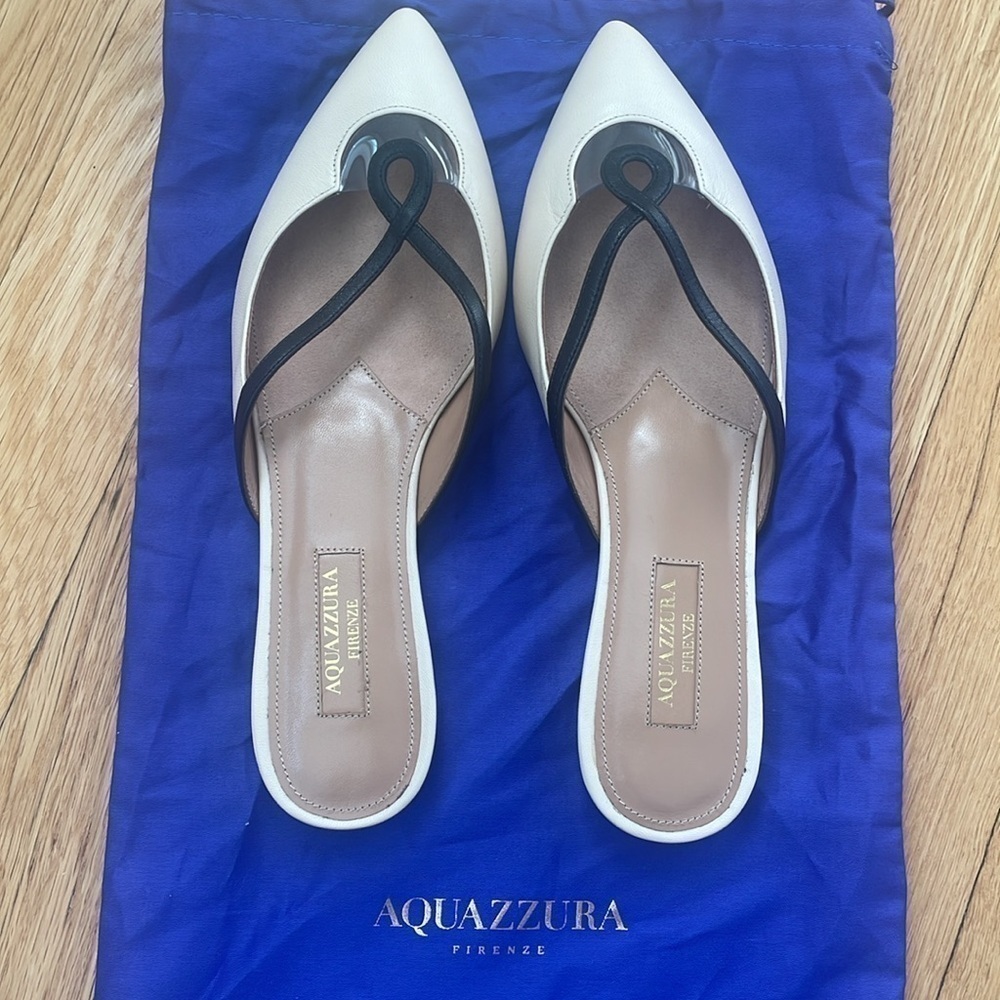 NWT Aquazurra Villa Flats Cream & Black Gold Leather Suede Nappa - size 35